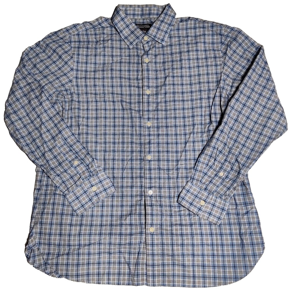 MICHAEL KORS Men Large Blue Plaid Cotton Long Sleeve Button-Up‎ Shirt